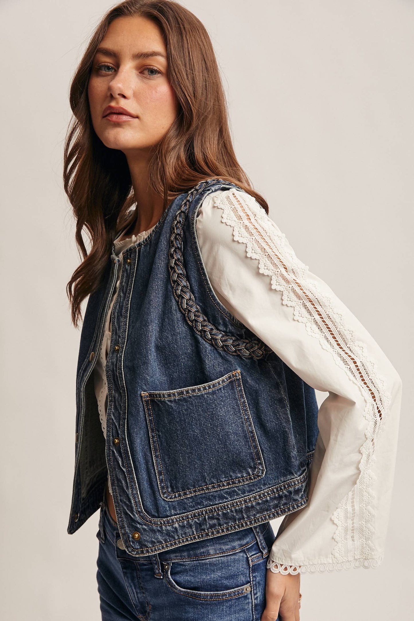 Braided Trim Denim Vest