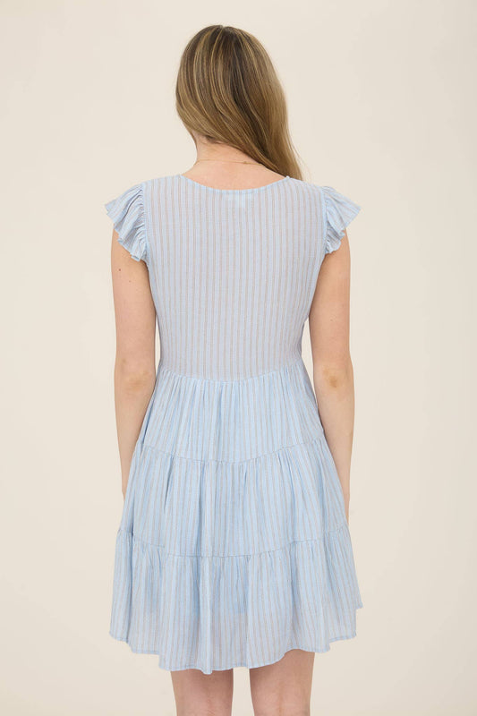 STRIPE V NECK BUTTON DOWN TIERED MINI DRESS