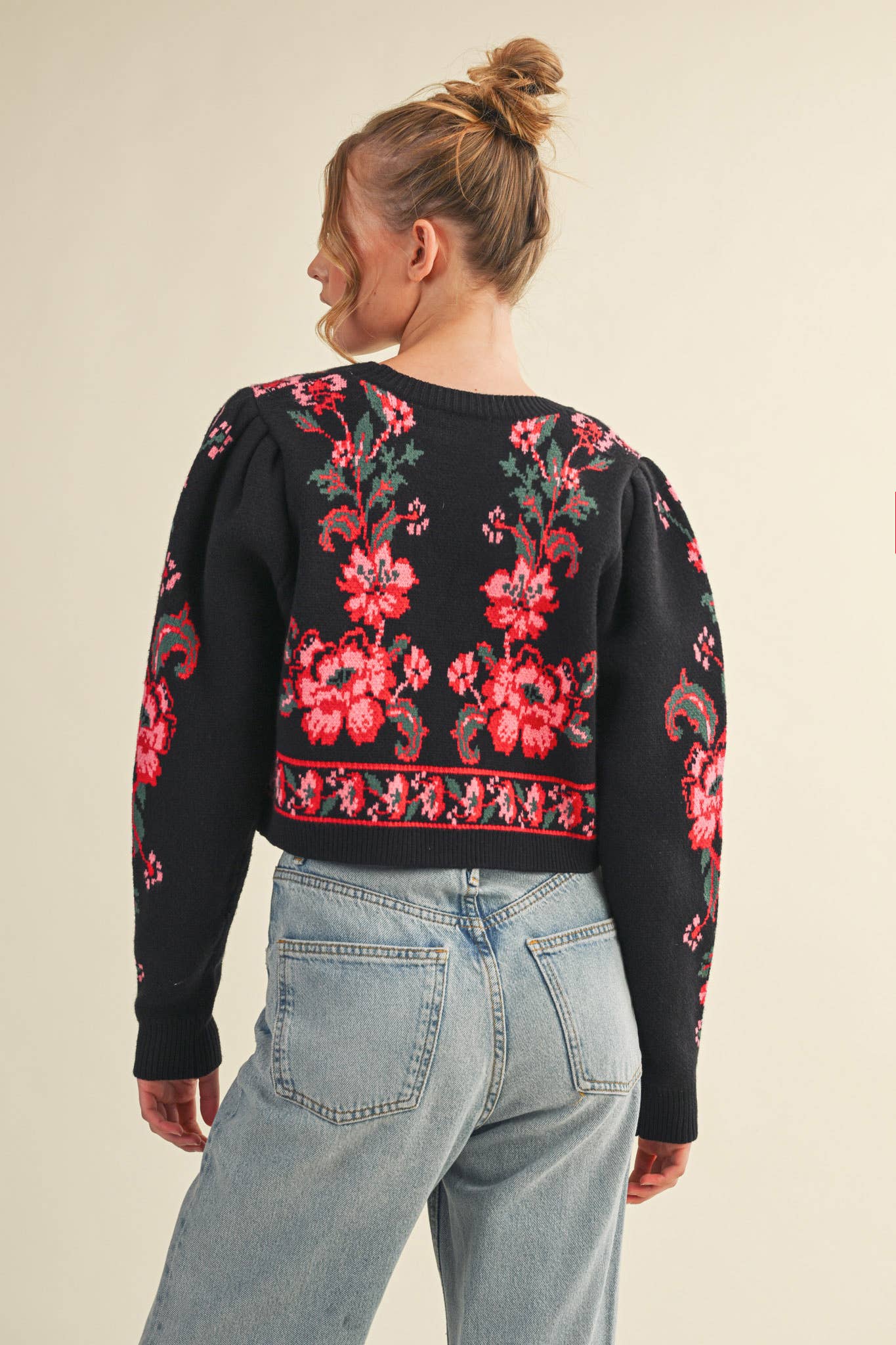 FLORAL KNIT TIE-FRONT CROPPED SWEATER CARDIGAN
