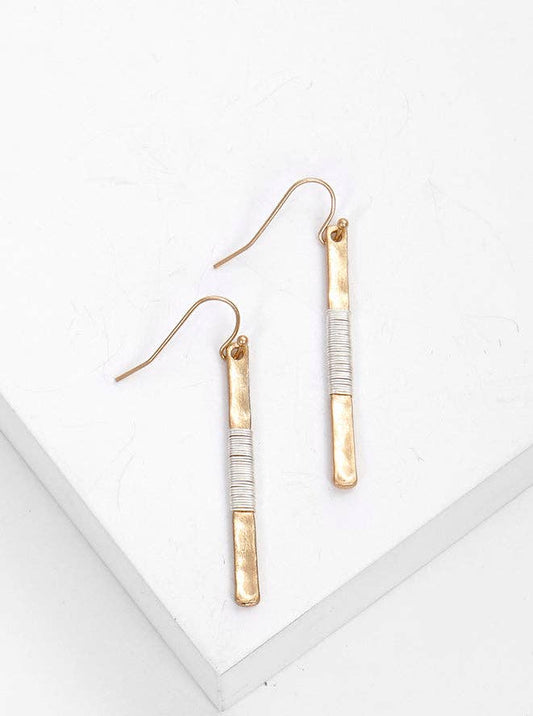 Two-tone Wire Wrapped Hammered Vertical Bar Dangle Drop Earrings