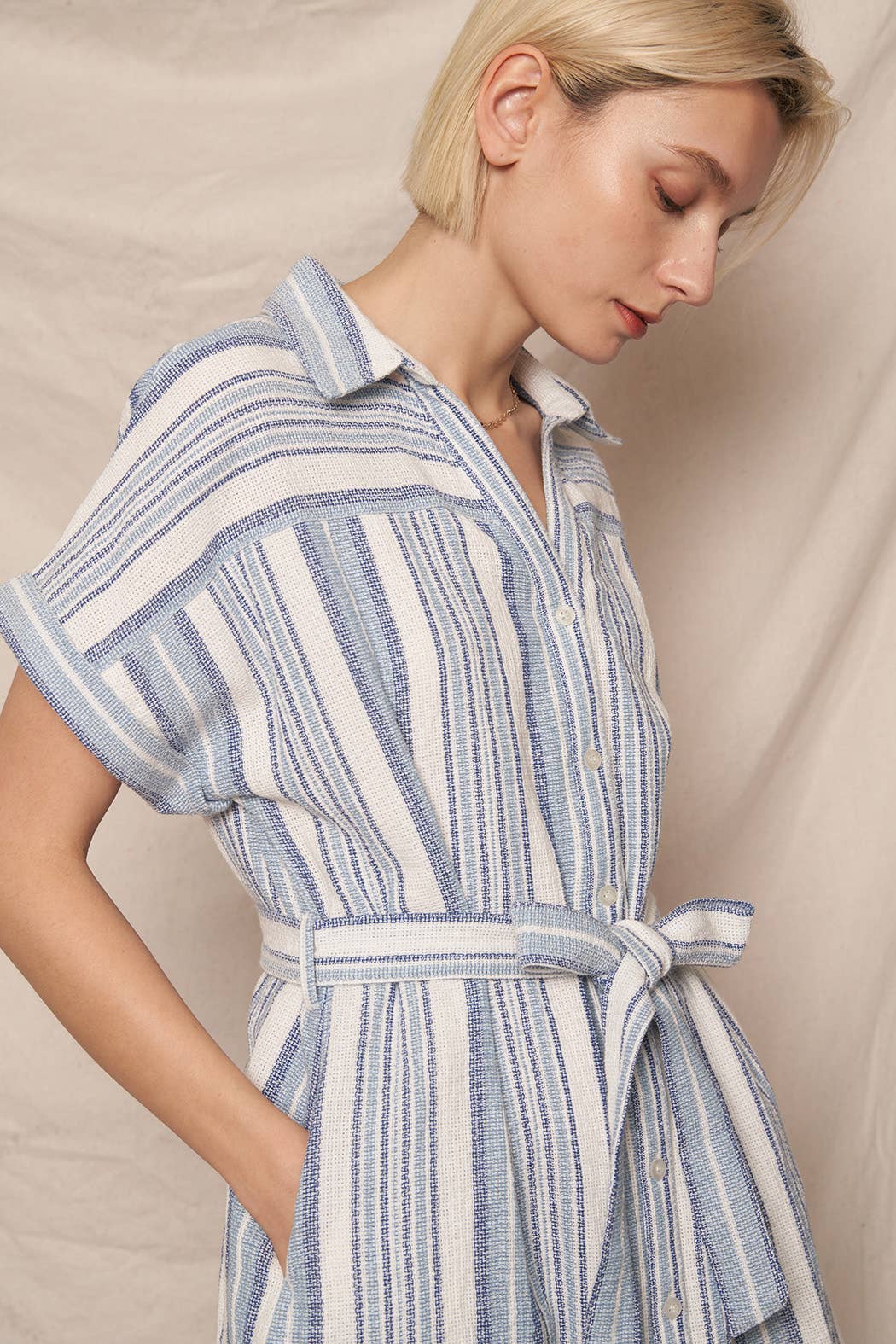 Striped Jacquard Button Down Mini Shirt Dress