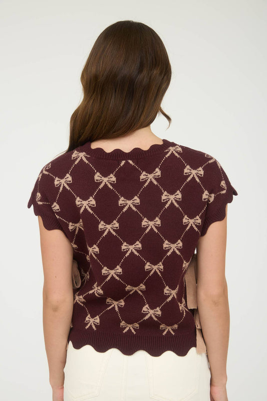 BOW PATTERN SHORT SLEEVE SIDE TIE KNIT PULLOVER