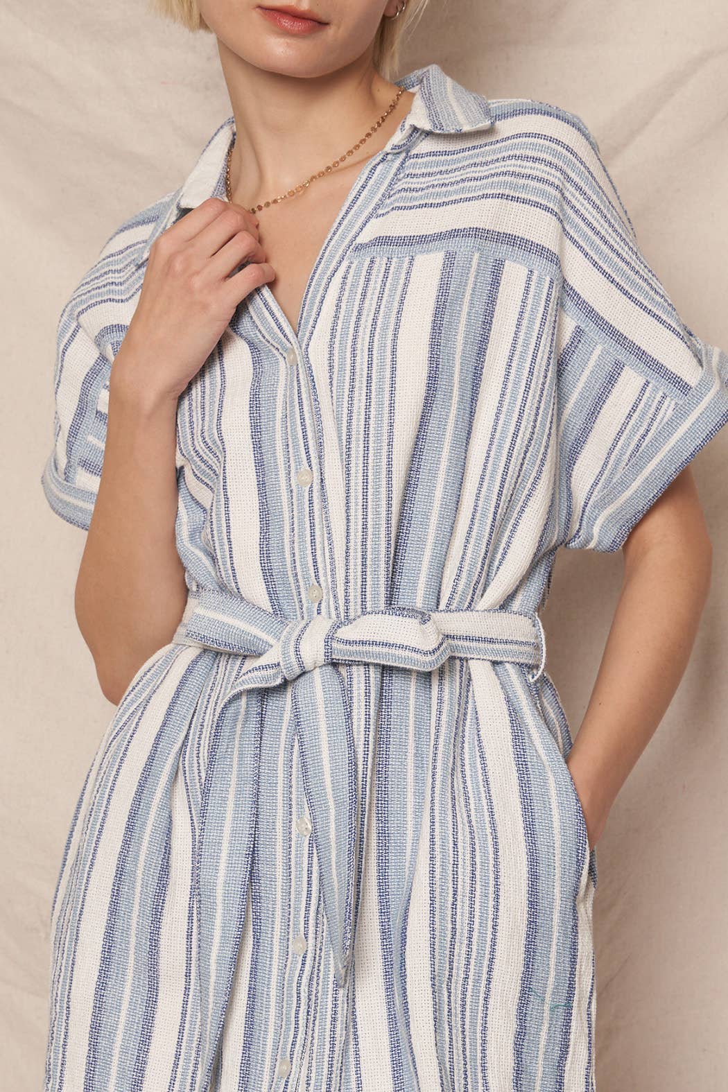 Striped Jacquard Button Down Mini Shirt Dress