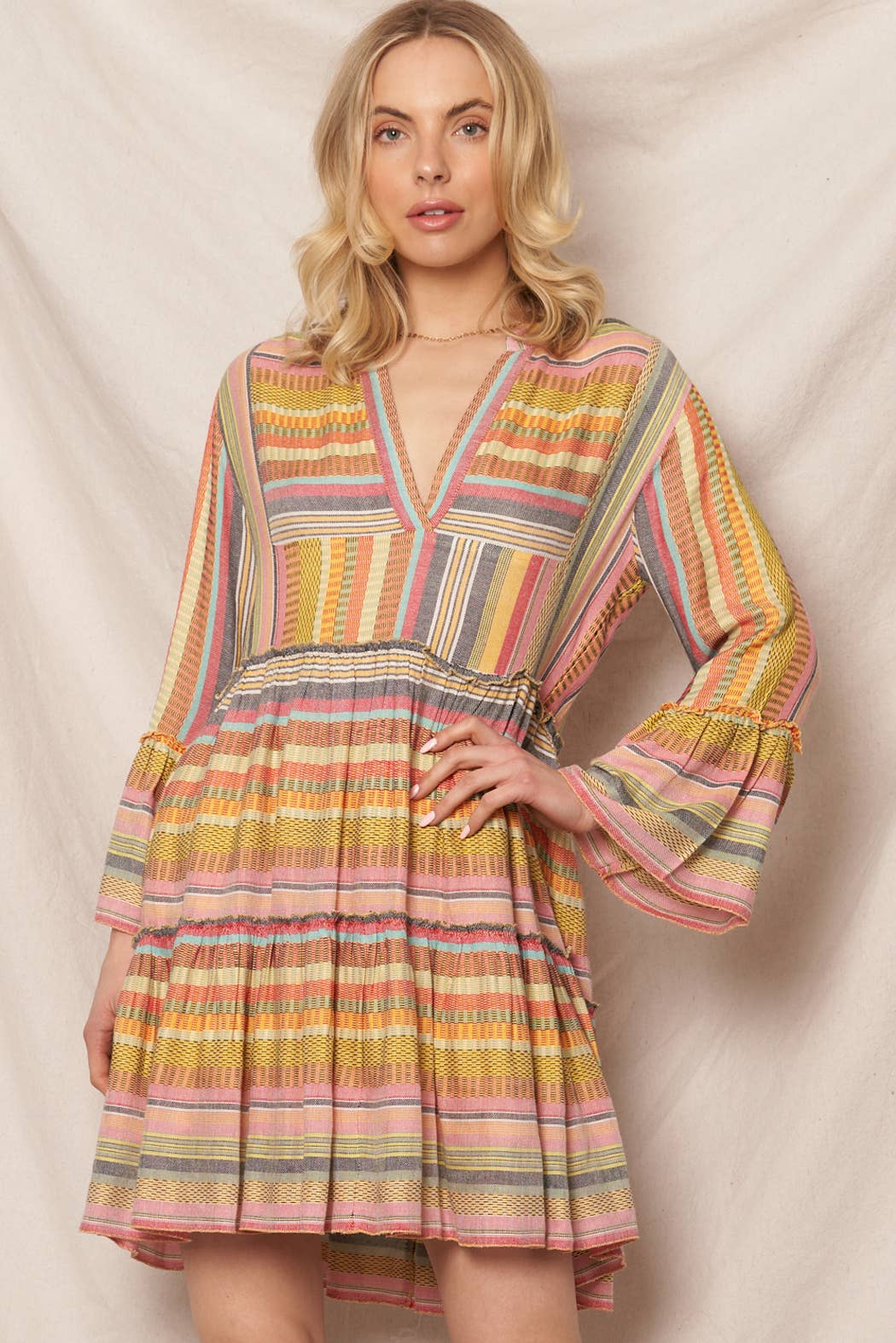 Multicolor Striped V-Neck Tiered Mini Dress