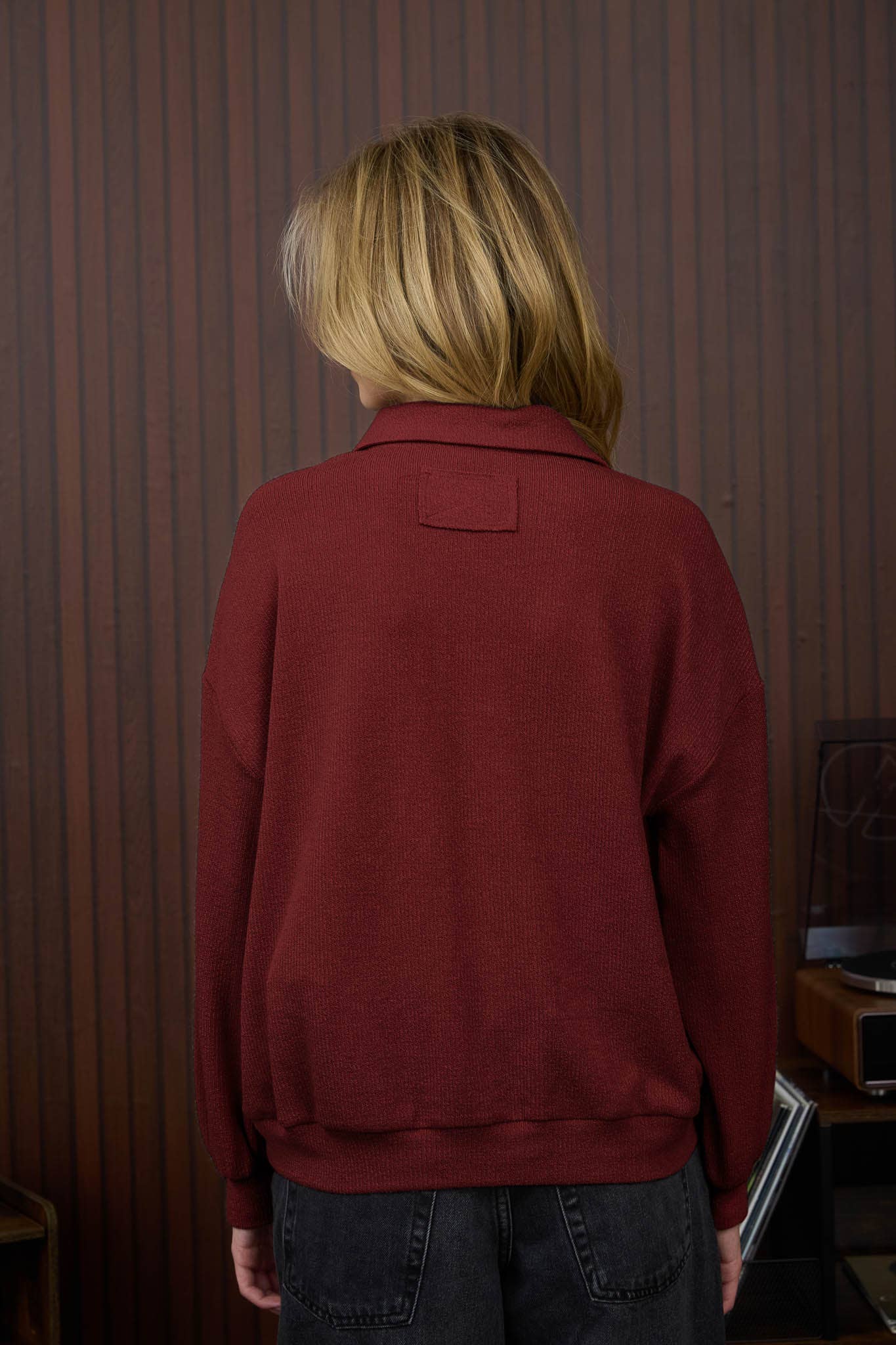 COLLARED HALF SNAP BUTTON LONG SLEEVE KNIT TOP