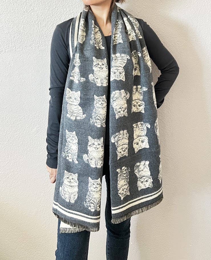Kitten Print Reversible Cashmere Wrap Scarf
