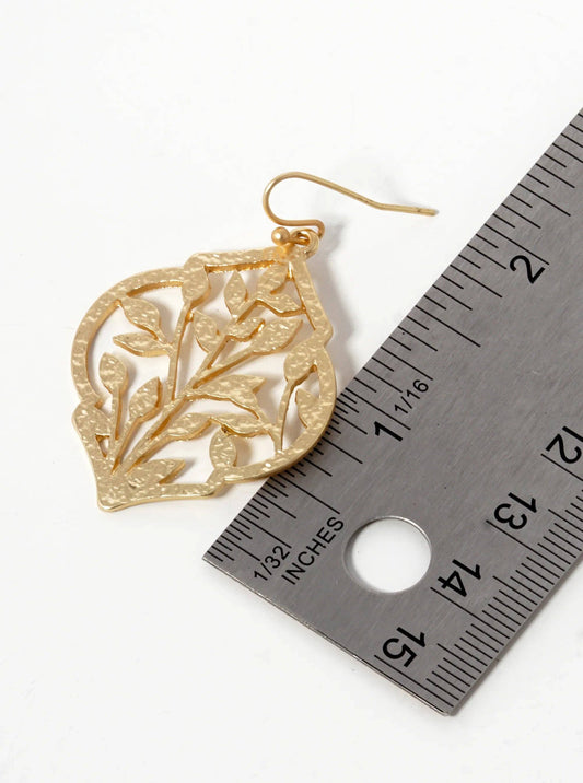 Hammered Metal Nature Inspired Filigree Dangle Drop Earrings