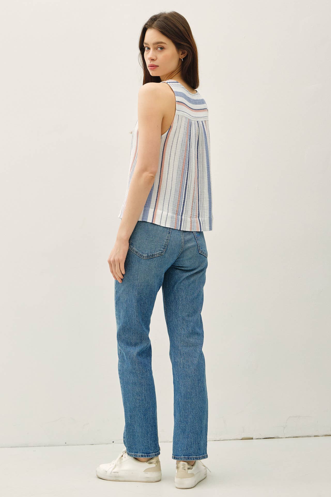 STRIPED COTTON GAUZE HENLEY TANK