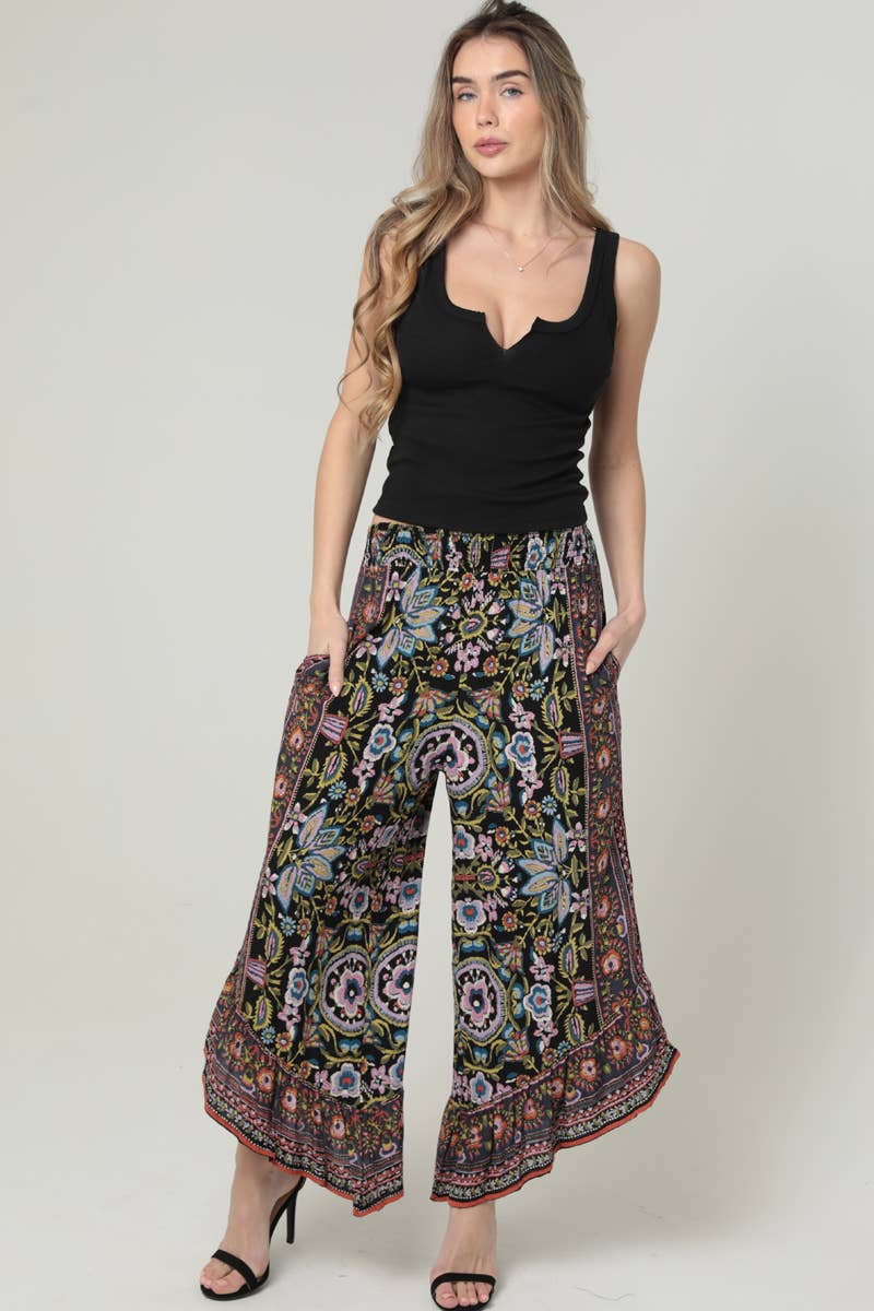 ANGLED HEM SMOCKED WAIST PRINTED WIDE LEG PANTS