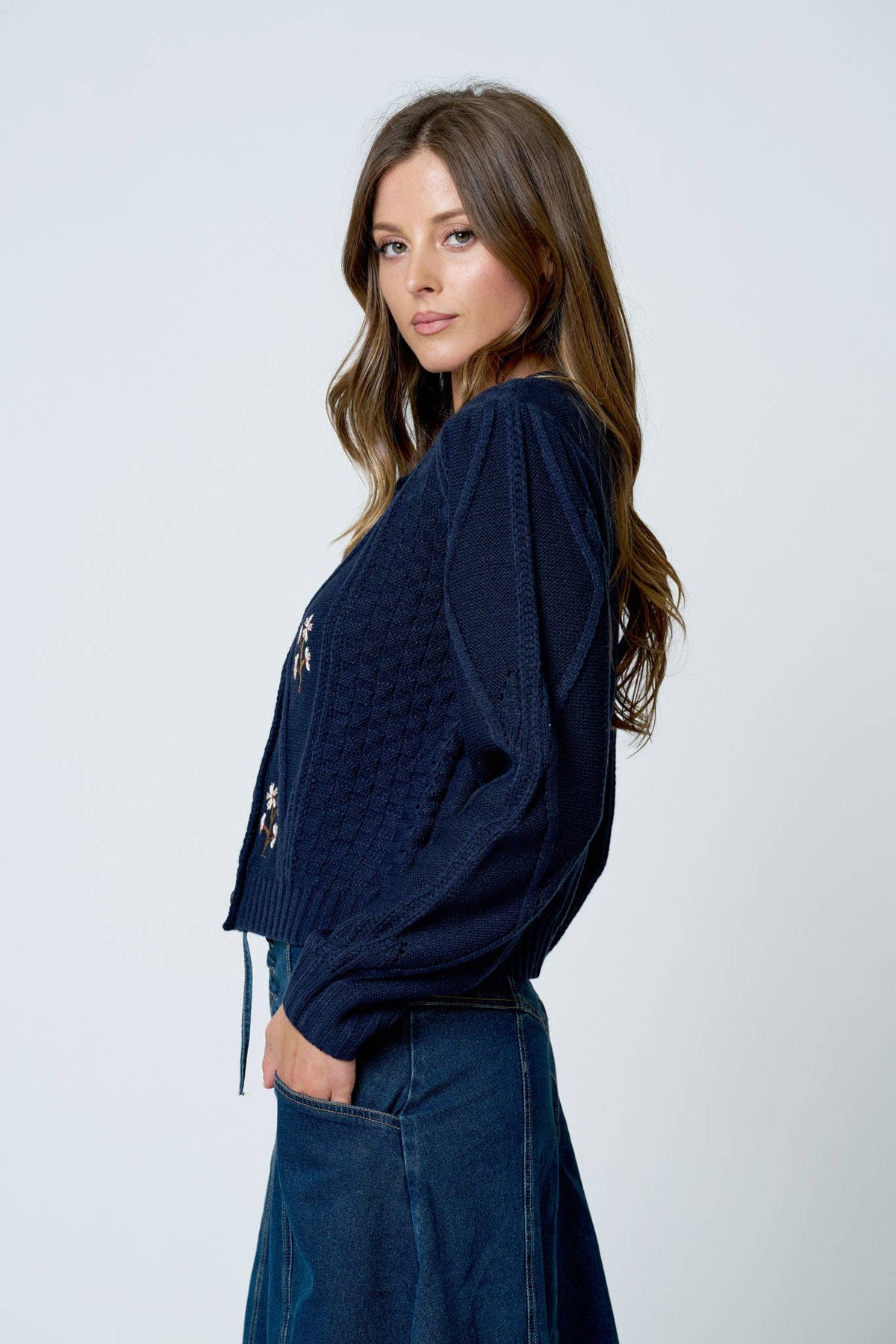 FLORAL EMBROIDERED CABLE KNIT BUTTON DOWN CARDIGAN