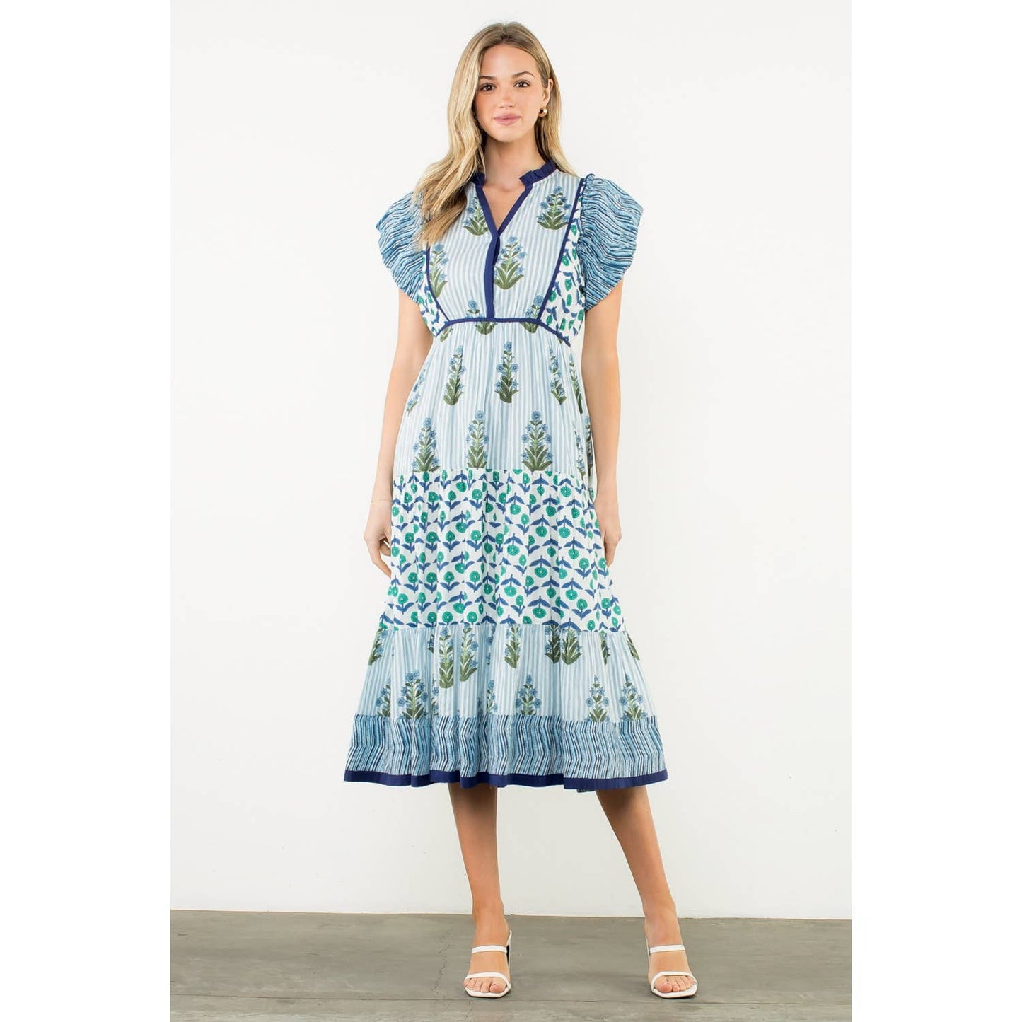 Striped Flutter Sleeve Floral Maxi Dress