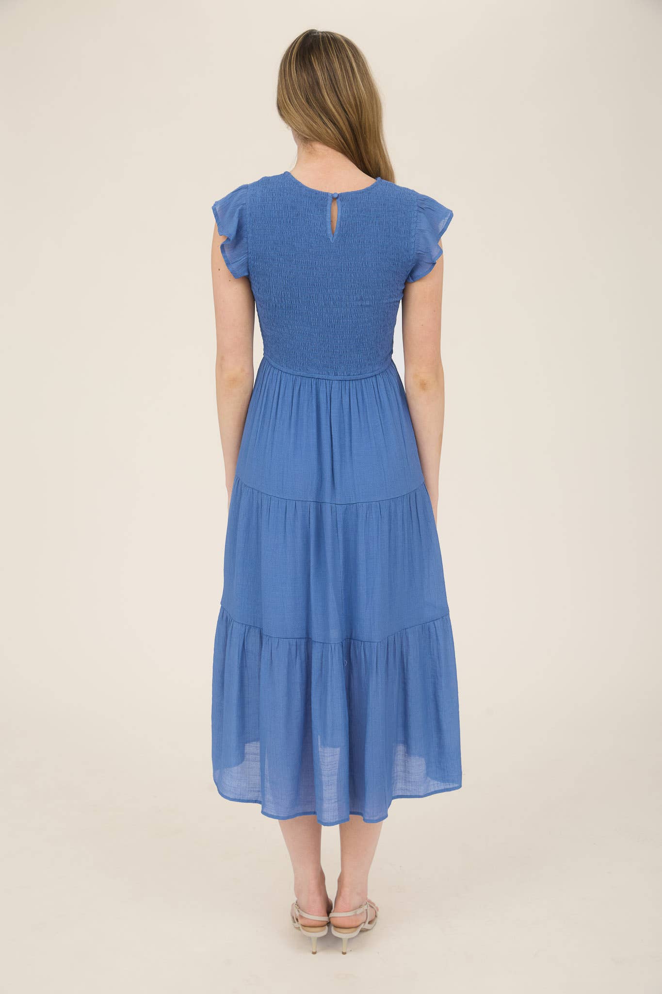 SMOCKED TIERED MIDI DRESS