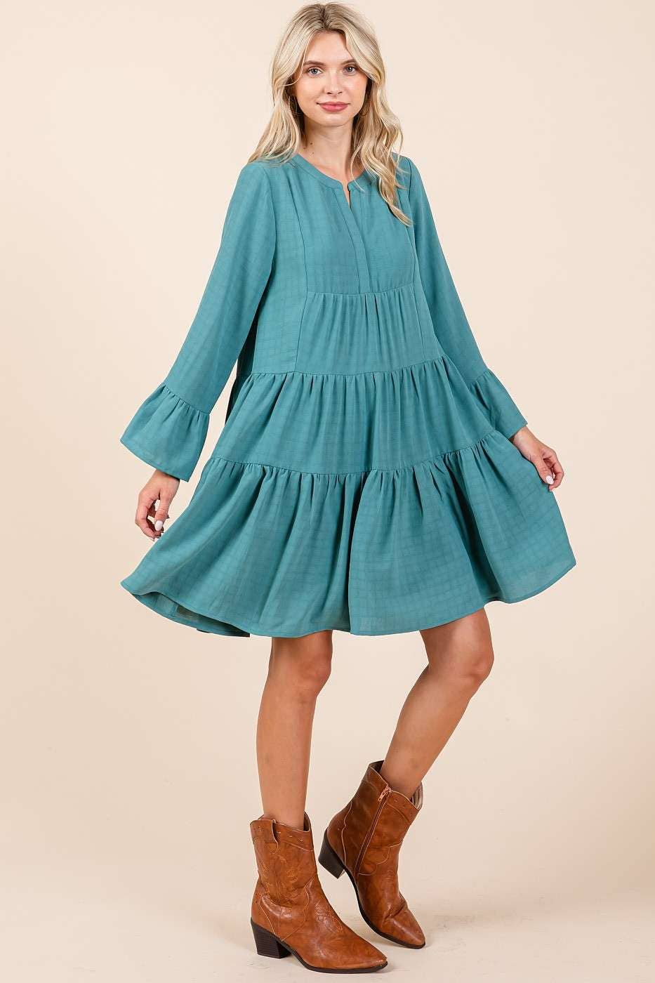 TEXTURED LONG BELL SLEEVE TIERED MINI DRESS