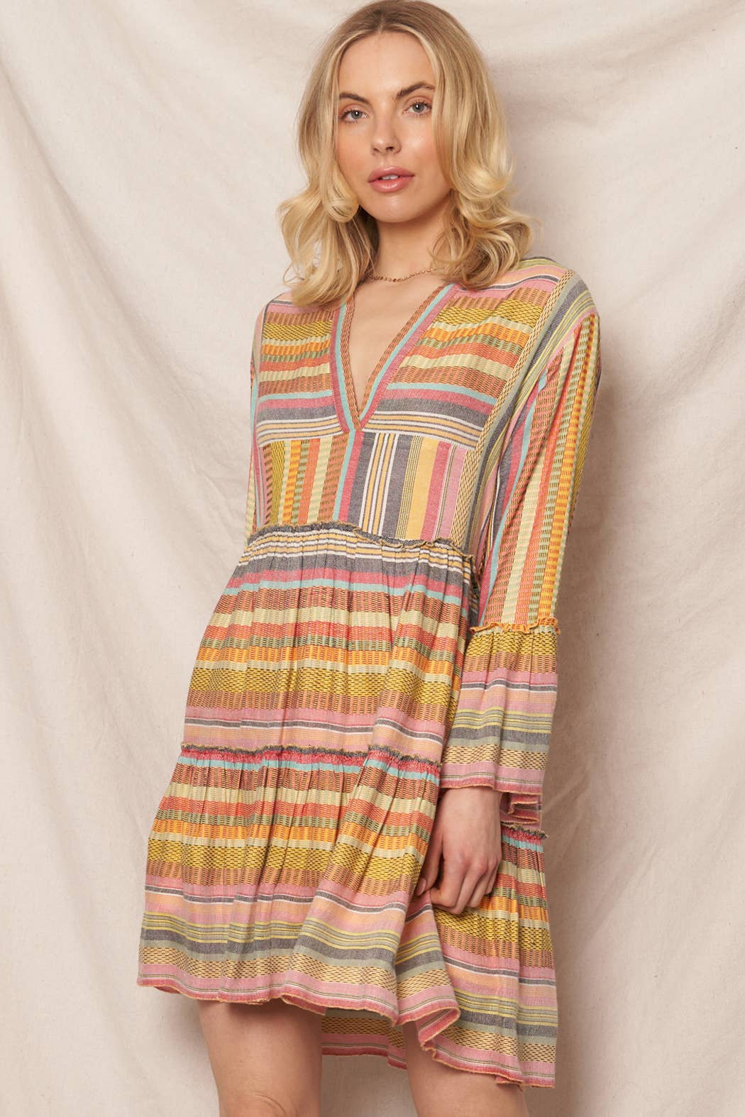 Multicolor Striped V-Neck Tiered Mini Dress