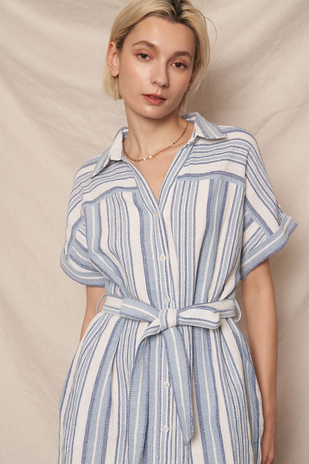 Striped Jacquard Button Down Mini Shirt Dress