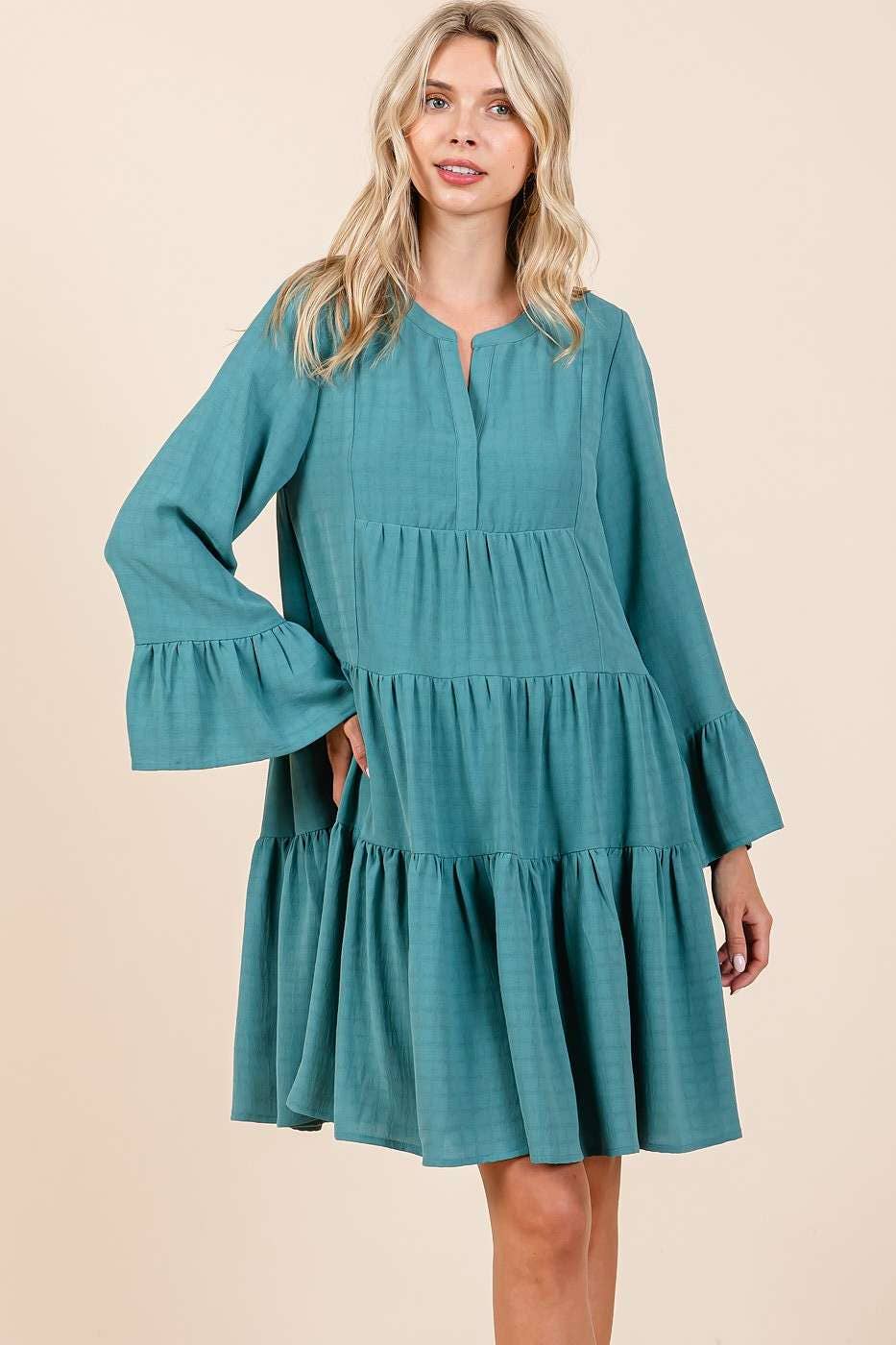 TEXTURED LONG BELL SLEEVE TIERED MINI DRESS