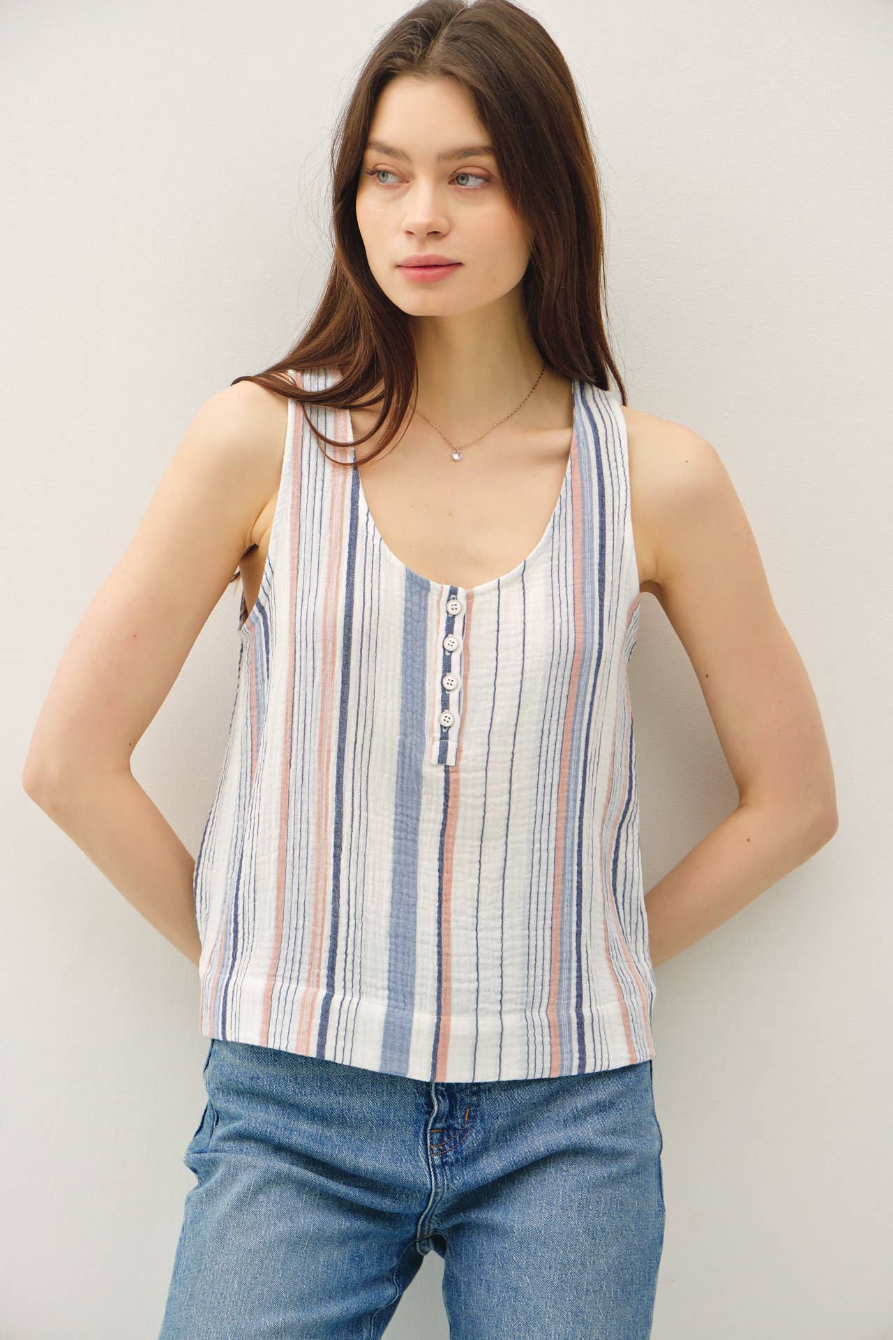 STRIPED COTTON GAUZE HENLEY TANK