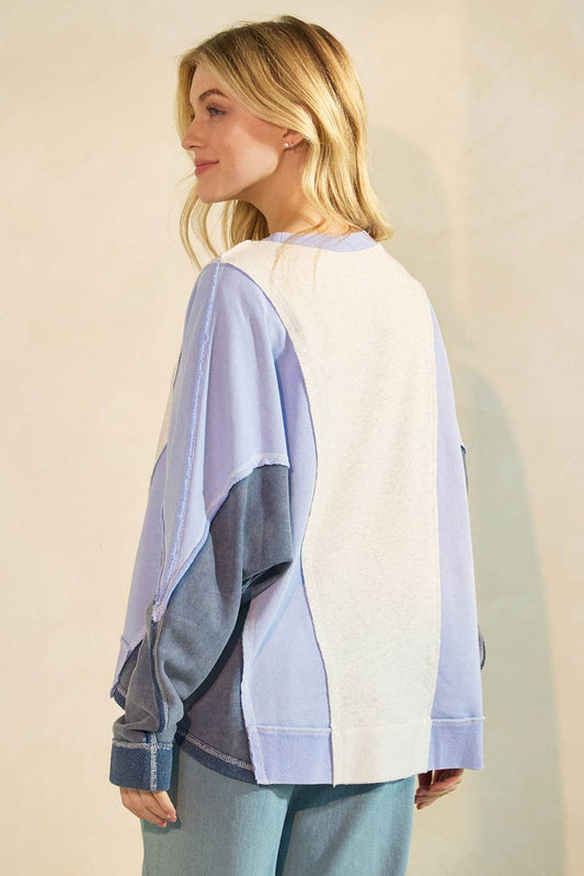 MINERAL WASH COLOR BLOCK DOLMAN SLEEVE PULLOVER