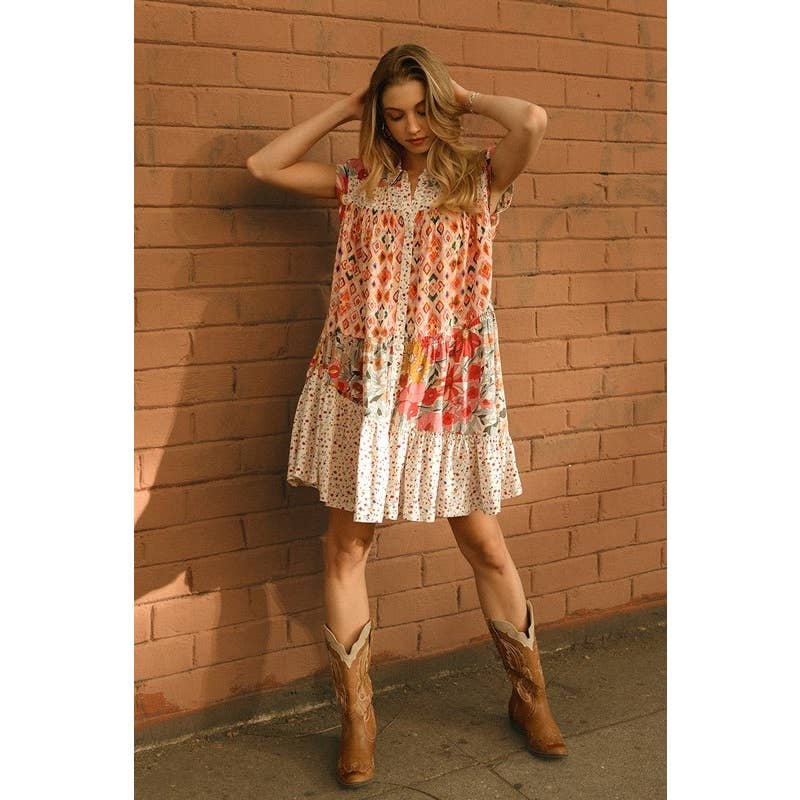 Mix and Match Print Tiered Button Down Dress