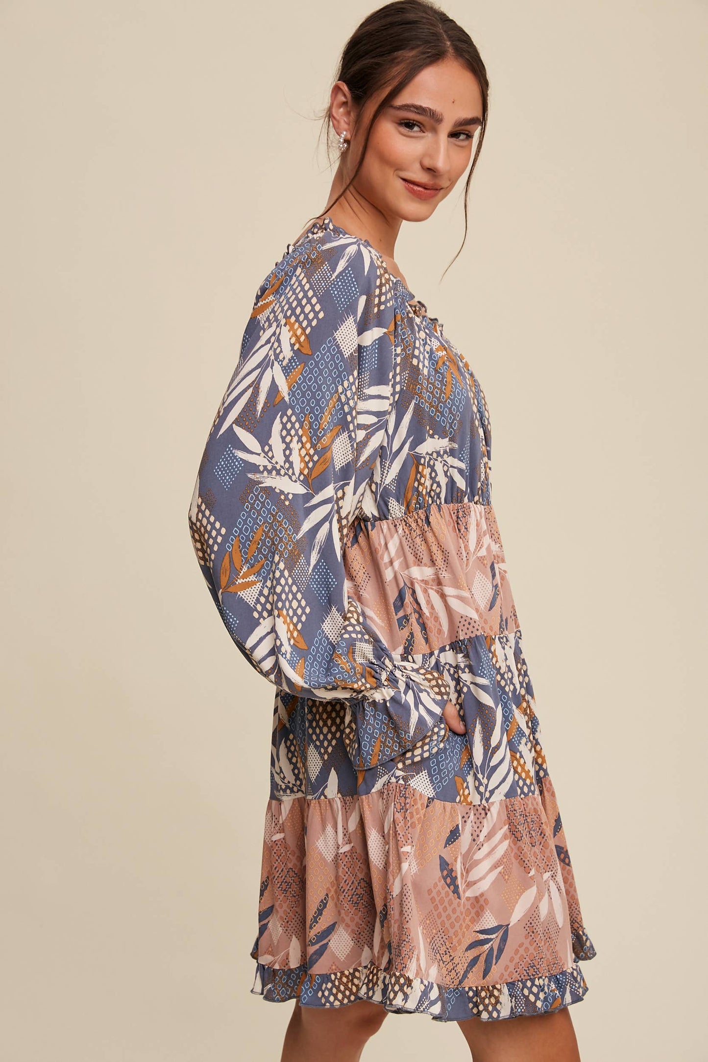 Patchwork Puff-Sleeve Tiered Mini Dress