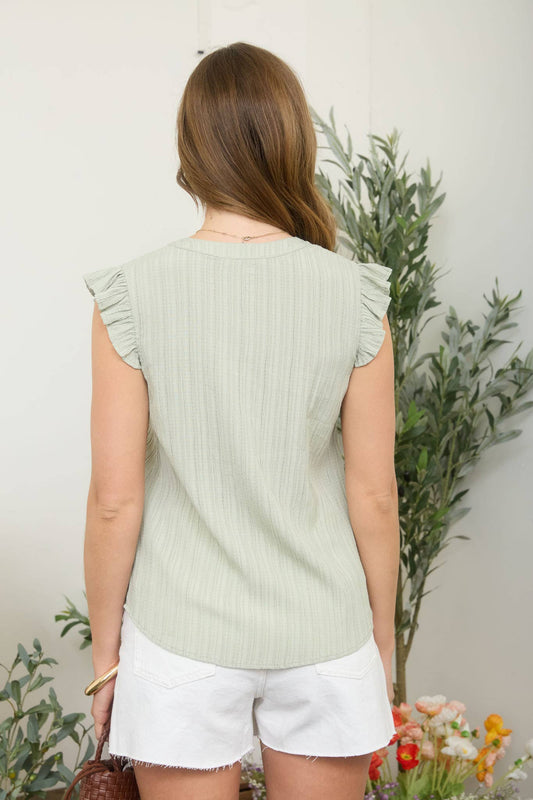 EMBROIDERED FRONT SPLIT NECK PLISSE TOP