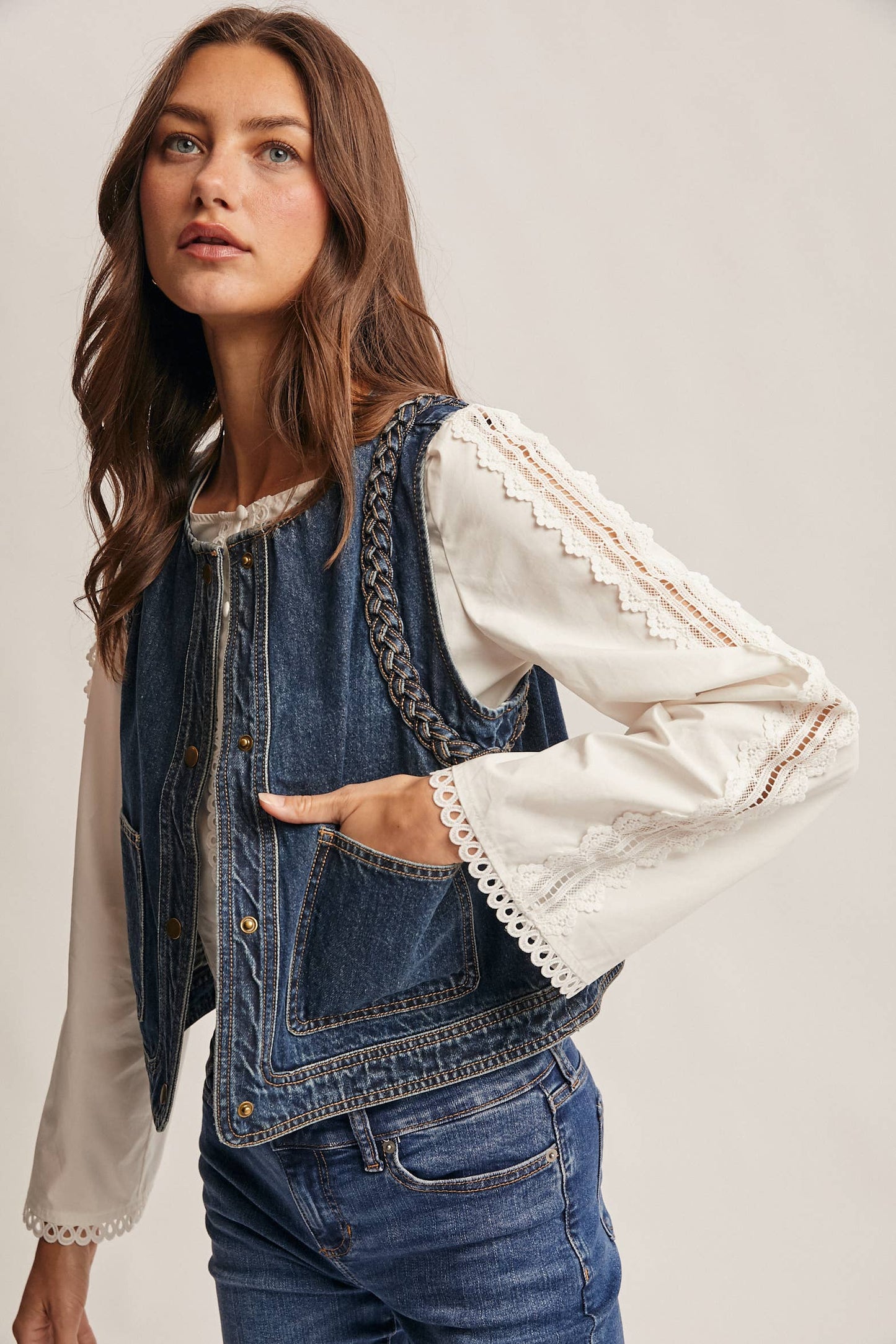 Braided Trim Denim Vest