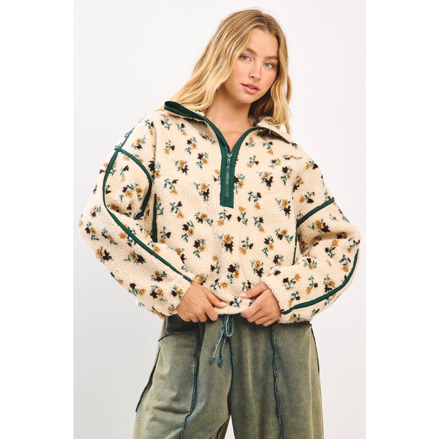 FLOWER PRINT HALF ZIP CONTRAST FLEECE SWEATSHIRT