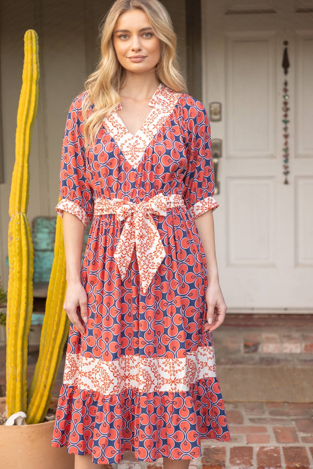 Mixed Print Waist Tie Dress