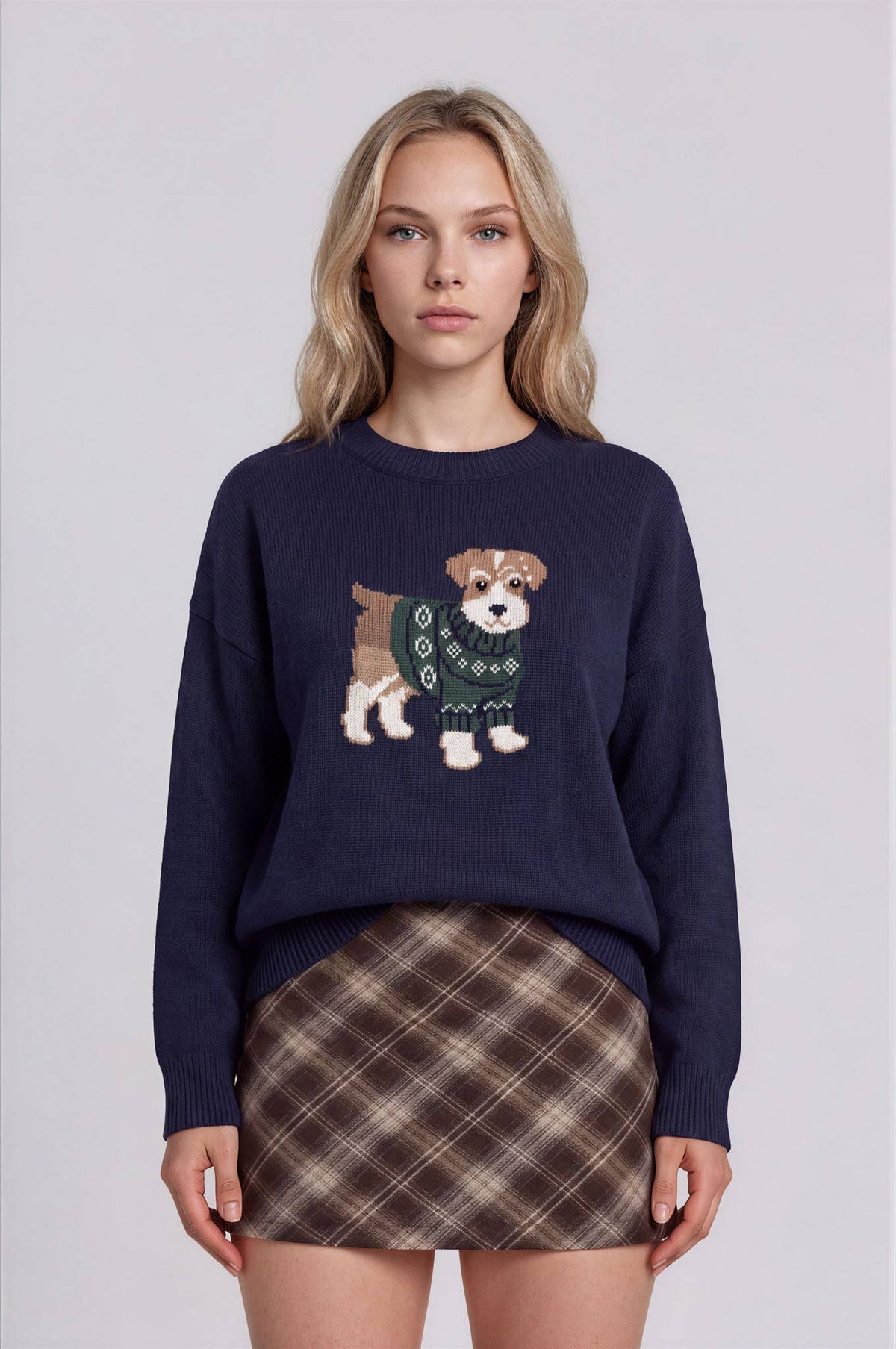 PUPPY JACQUARD LONG SLEEVE KNIT PULLOVER SWEATER
