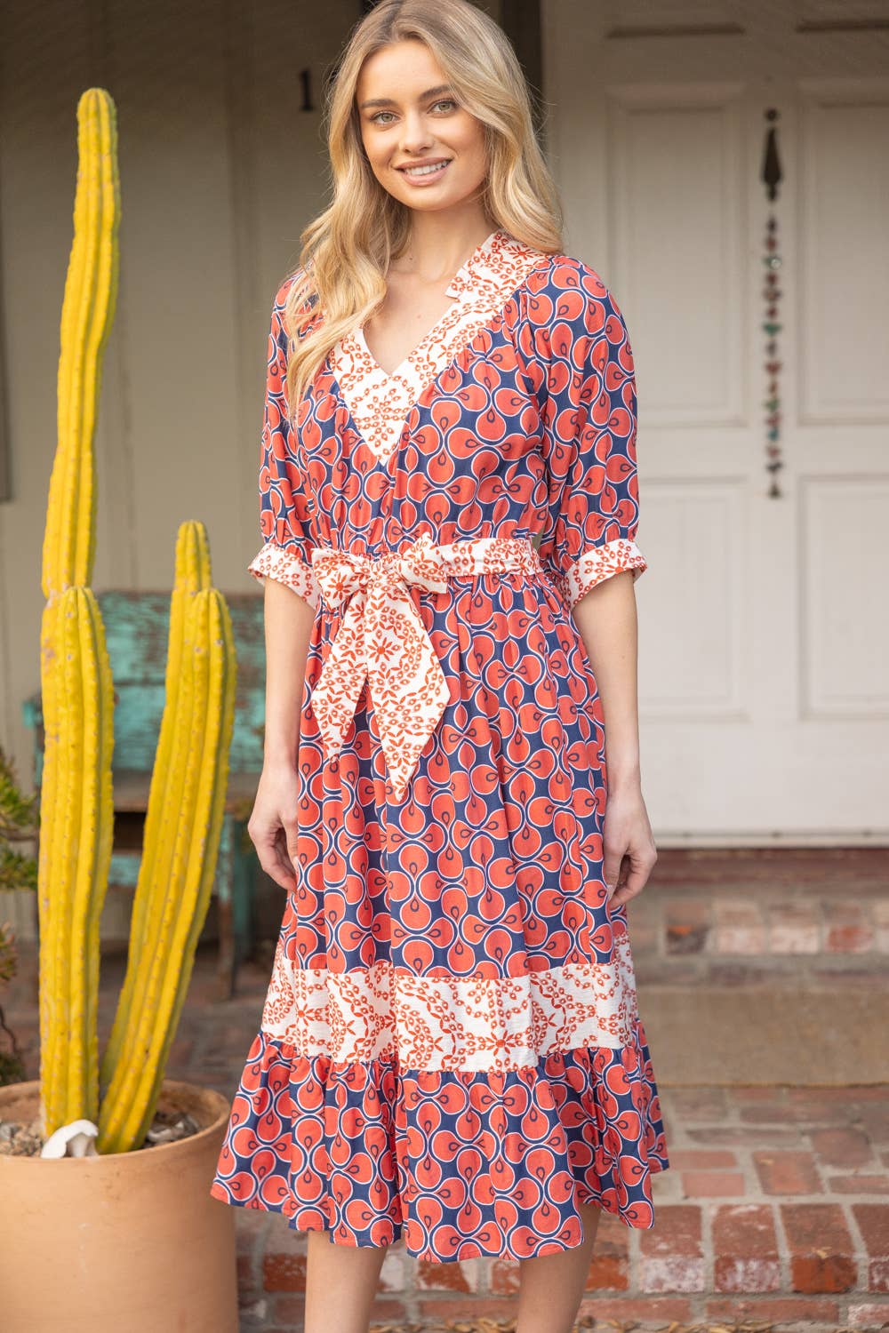 Mixed Print Waist Tie Dress
