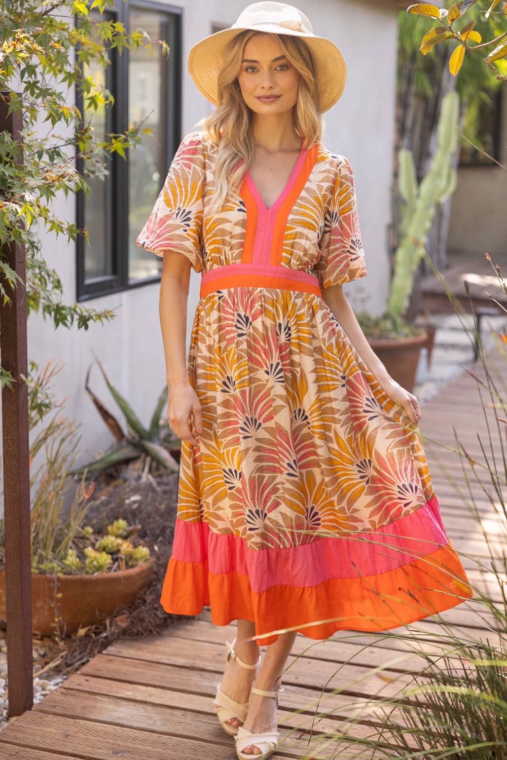 Summer Palm Print Contrast Color Block Midi Dress