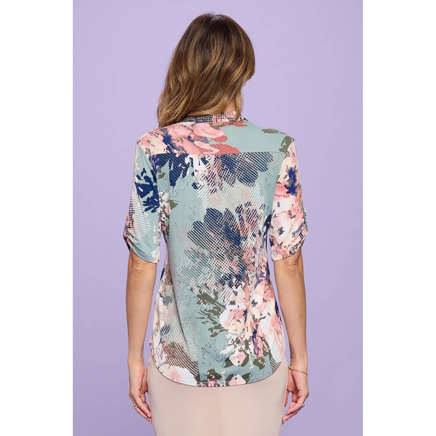 MANDARIN HALF PLACKET ROLL TAB SHIRT