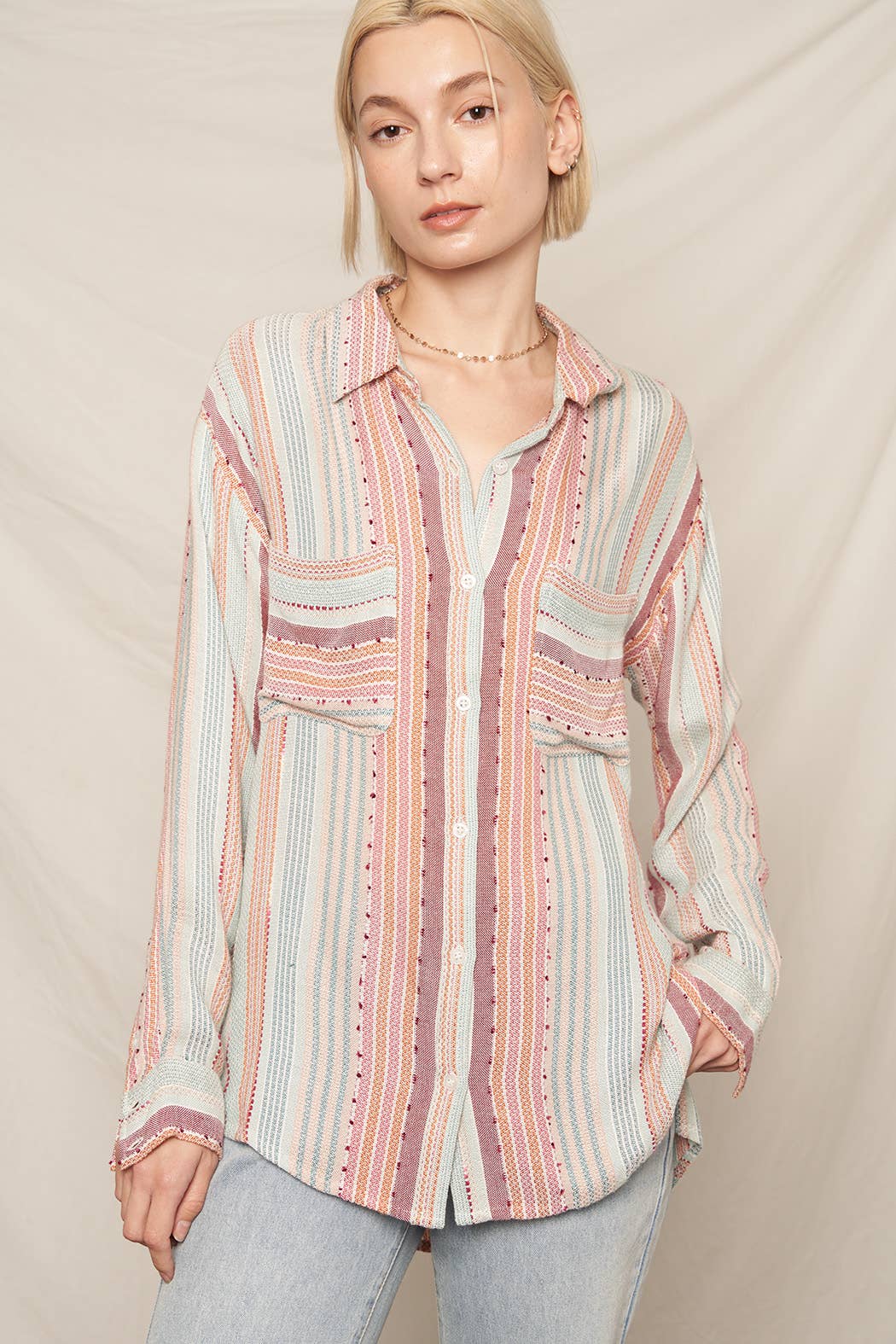 Multi Color Stripe Textured Long Sleeve Shirt