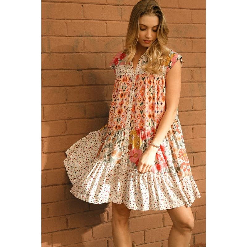Mix and Match Print Tiered Button Down Dress