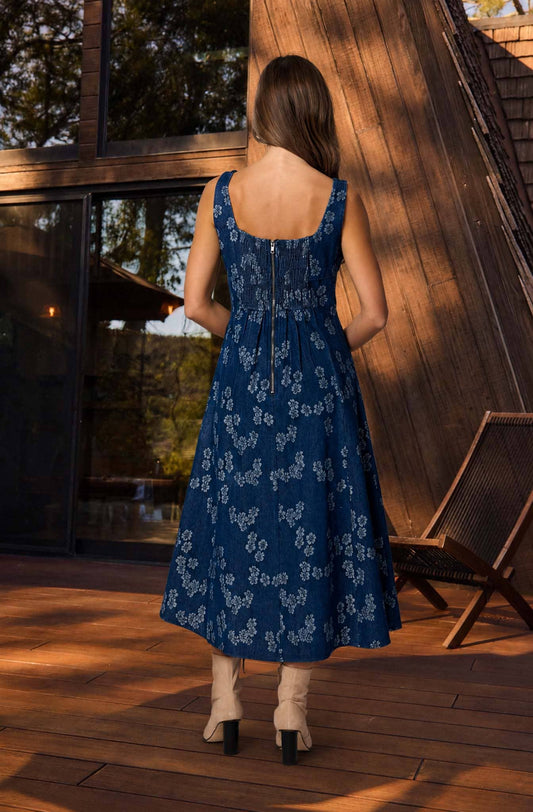 FLORAL JACQUARD CORSET DETAIL DENIM MIDI DRESS