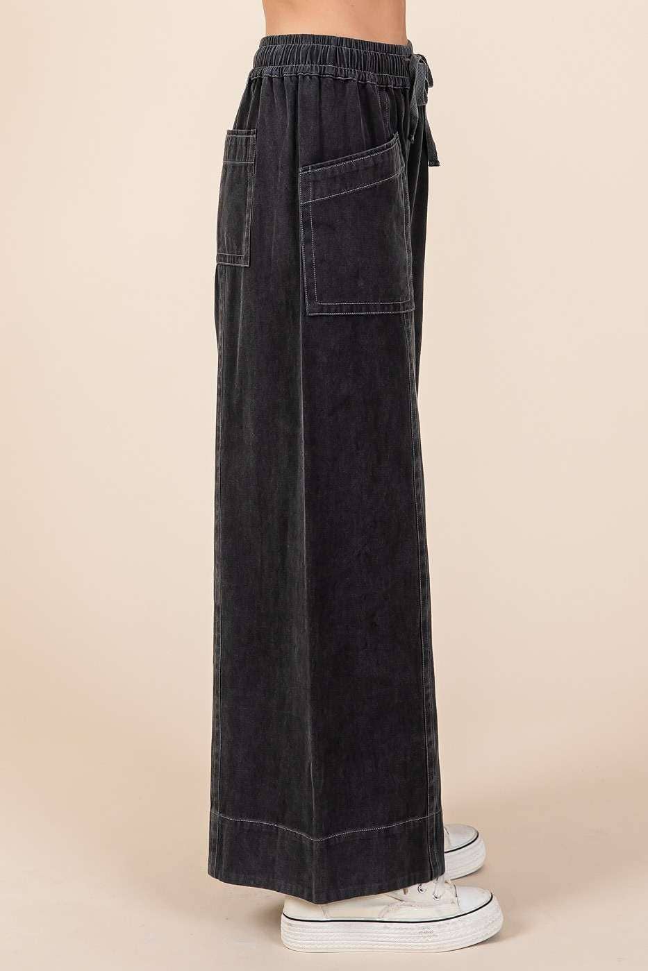 MINERAL WASH WIDE LEG ELASTIC WAIST TWILL PANTS