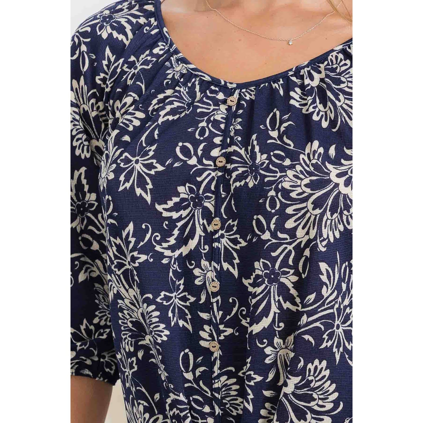 FLORAL KNIT GAUZE BUTTON FRONT TIE PEASANT