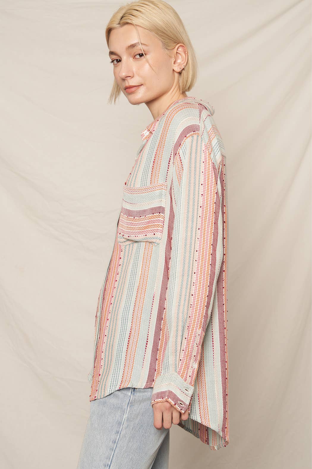 Multi Color Stripe Textured Long Sleeve Shirt