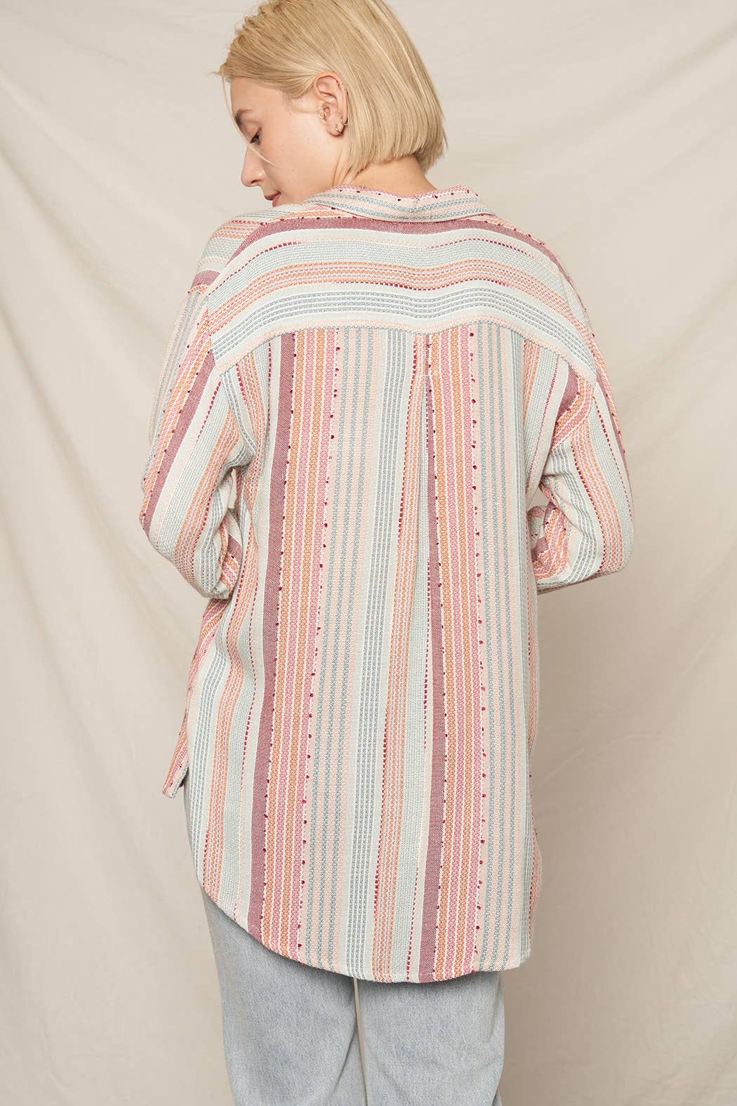 Multi Color Stripe Textured Long Sleeve Shirt