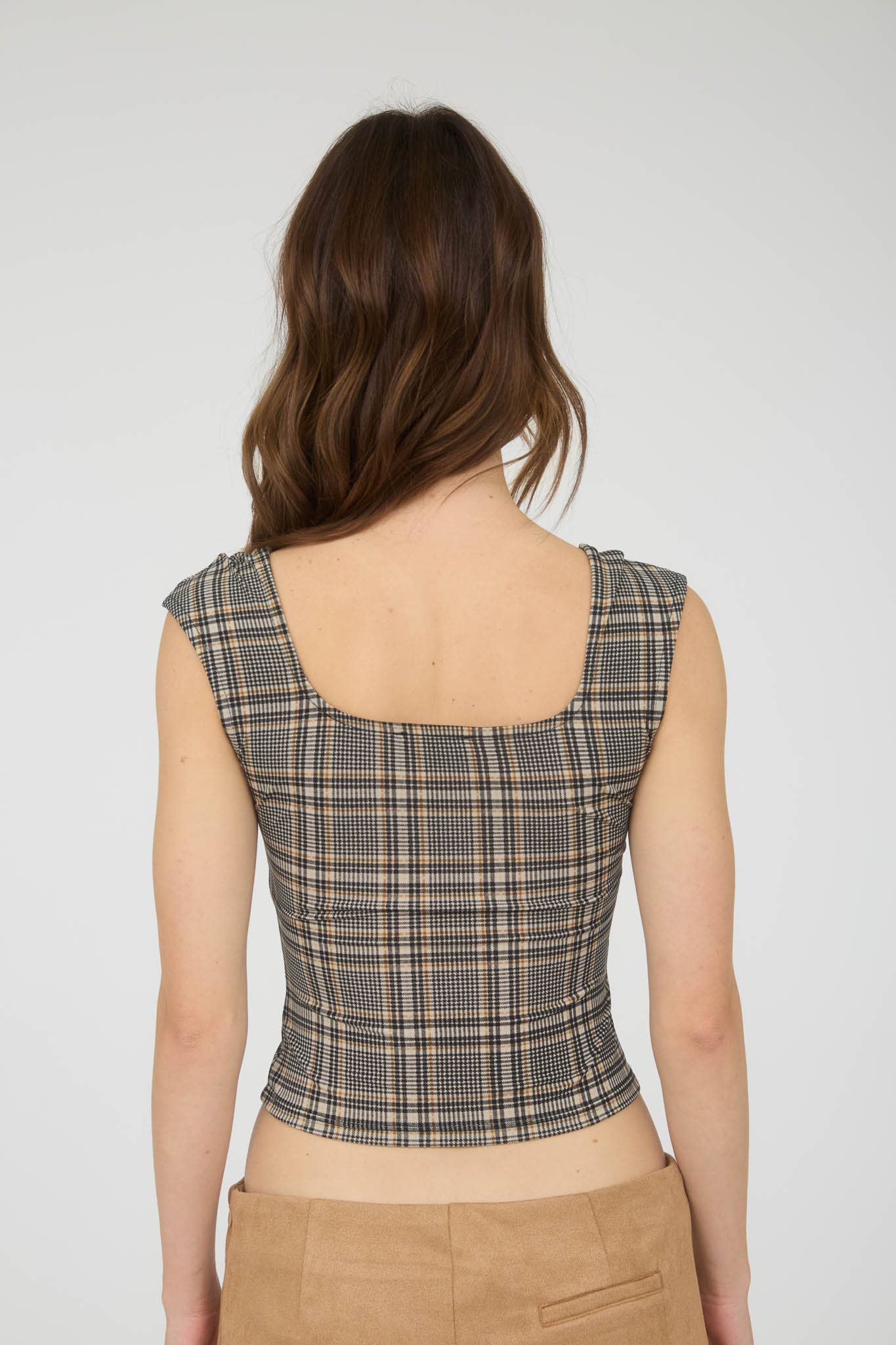 PLAID SHORT SLEEVE KNIT TOP