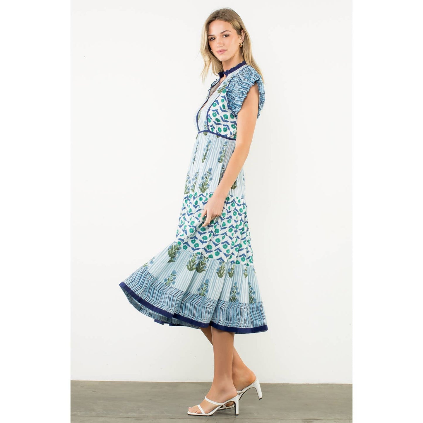 Striped Flutter Sleeve Floral Maxi Dress