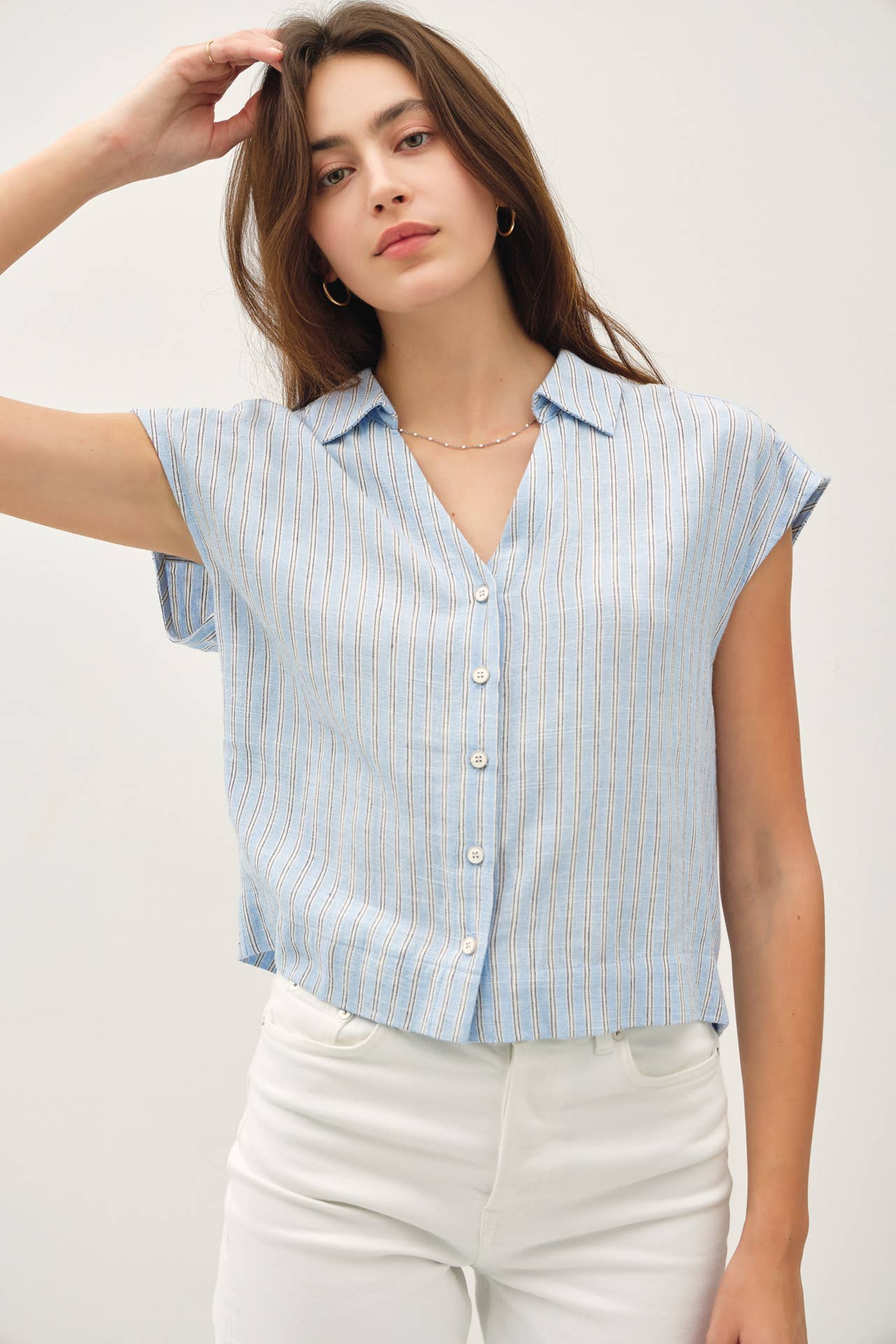 LINEN BLEND STRIPED V-NECK BUTTON UP TOP
