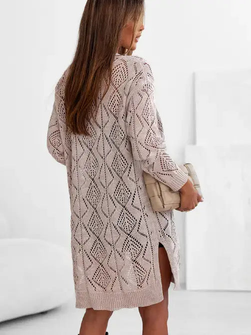 Khaki Hollow-out Openwork Knit Cardigan