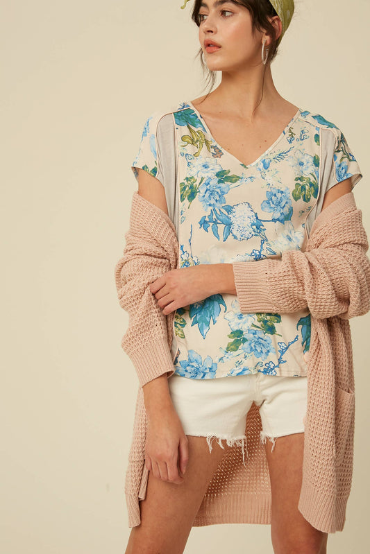 Floral Mixed Fabric V-Neck Blouse