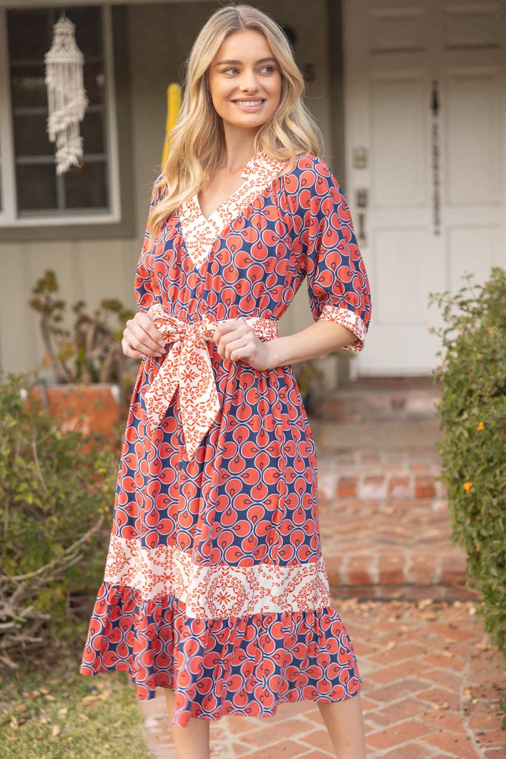 Mixed Print Waist Tie Dress