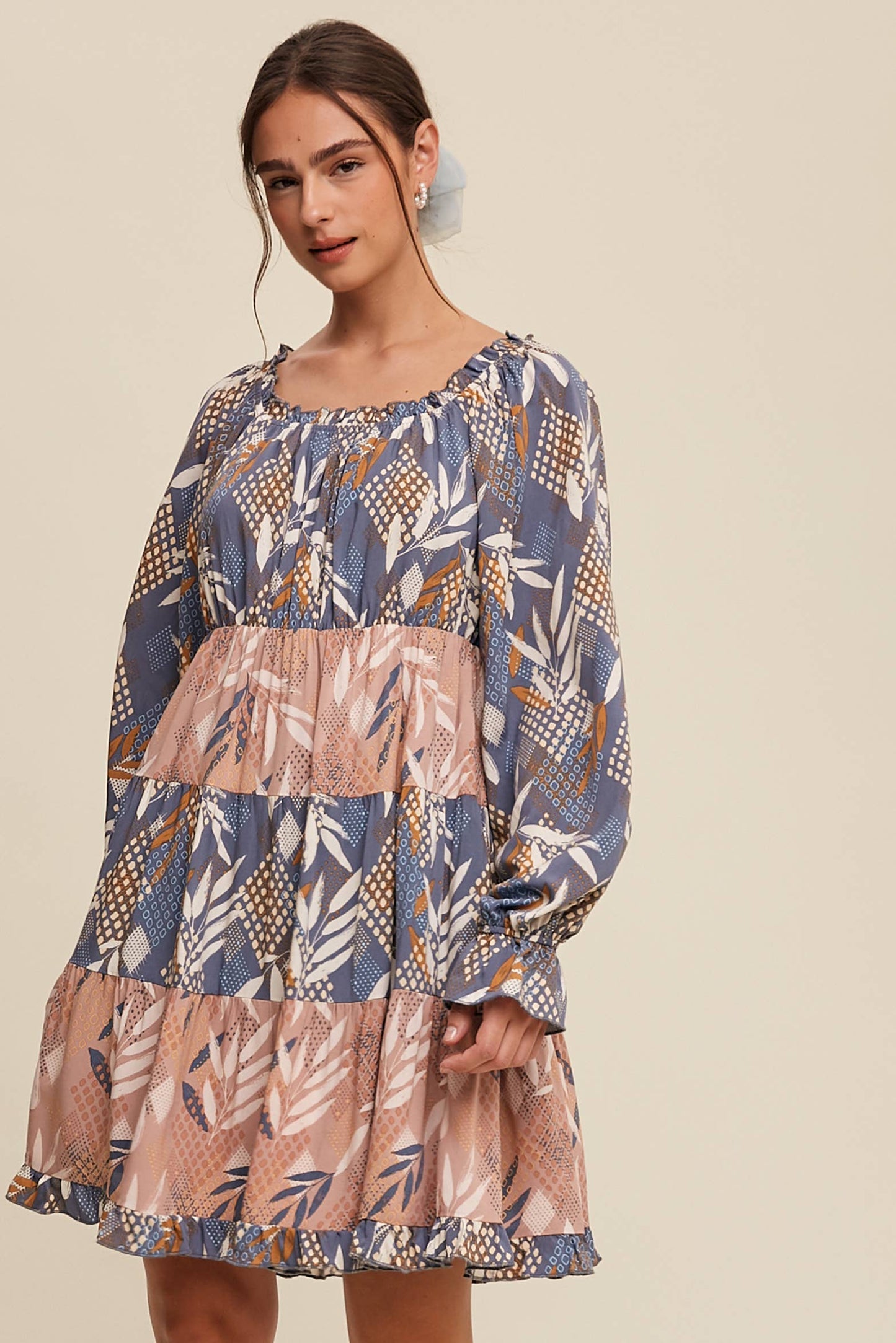 Patchwork Puff-Sleeve Tiered Mini Dress