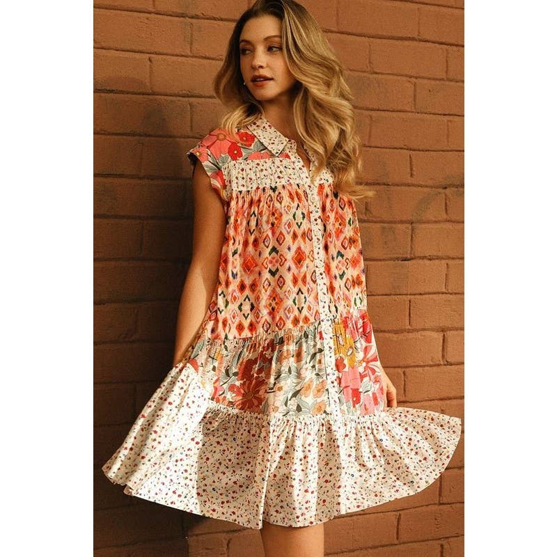 Mix and Match Print Tiered Button Down Dress