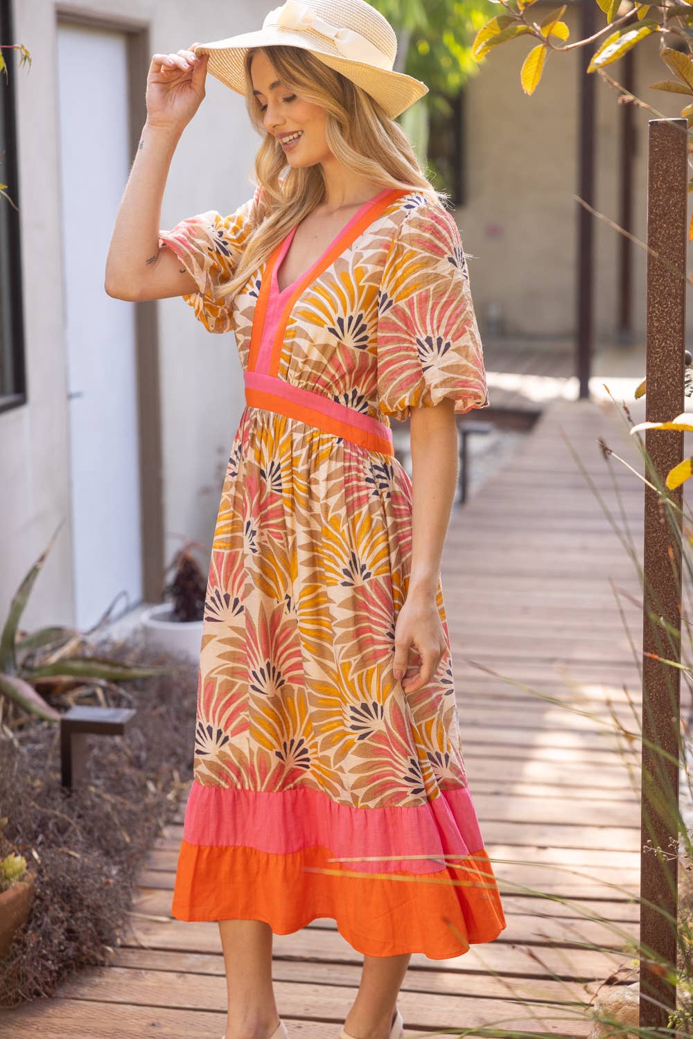 Summer Palm Print Contrast Color Block Midi Dress