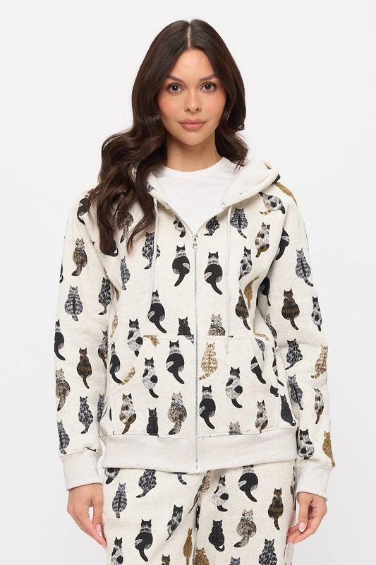 WHIMSICAL CAT TAILS PRINT ZIP UP HOODIE