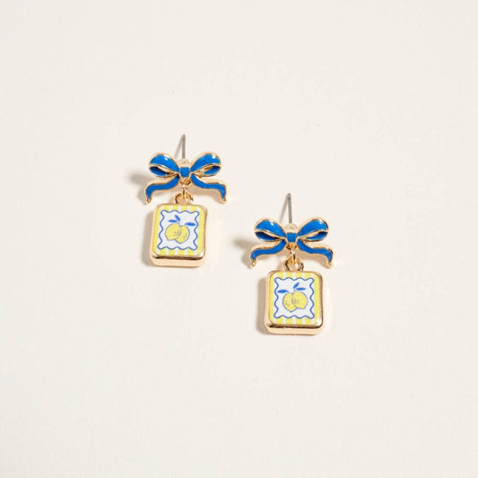 Vintage Print Tile Enamel Bow Earrings